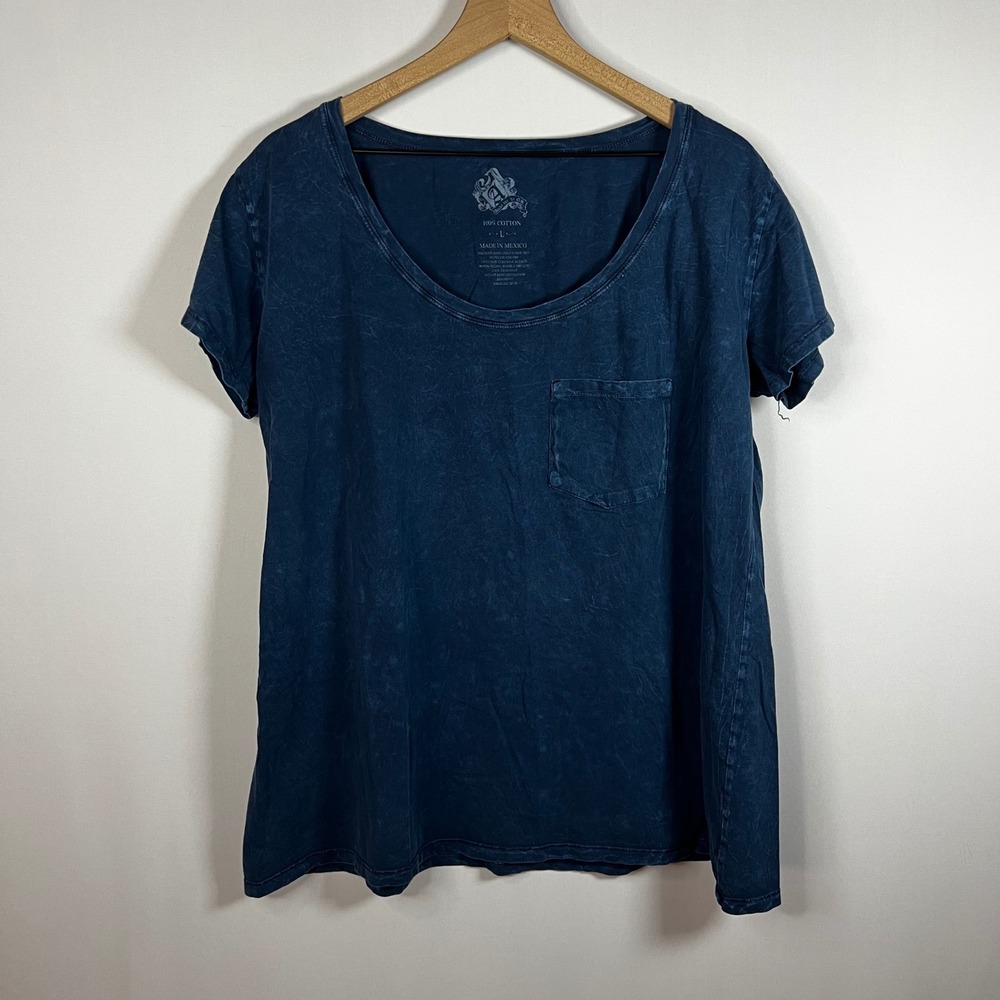 Awake NY Top Women Large Navy Blue Washed Cotton Round Neck Short Sleeve Blouse